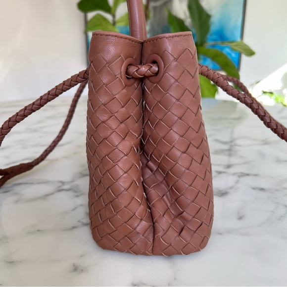 QUINCE Italian Leather Handwoven Mini Satchel Cognac Top Handle Shoulder Bag - Picture 4 of 16